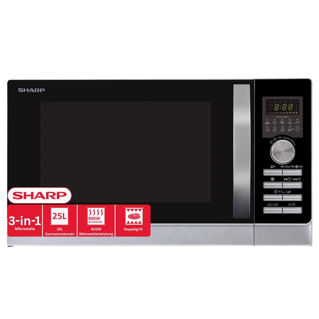 Sharp R843INW 3-in-1 Mikrowelle mit Heissluft, Grill und Konvektion/25 L/800 W/ 1000 W Grill / 2500