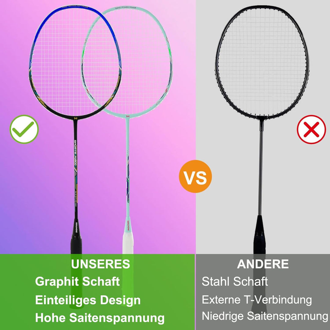 MANJHONG Graphit Badmintonschläger Set 2er Kratzfestes Rahmendesign Leichtgewicht Freizeit Federball