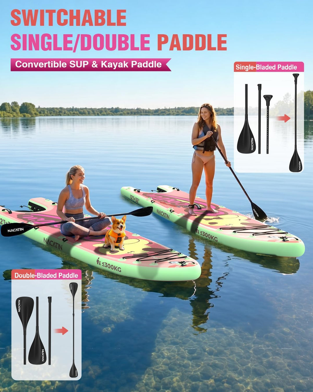 NACATIN 12'/366cm aufblasbares SUP Board mit Hunderampe, breites 36"/91cm Stand Up Paddling Board mi