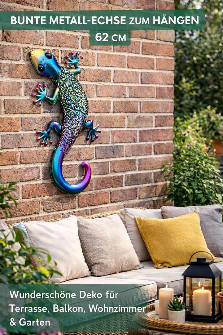 KAMACA XL Metall Gecko Wanddeko 62 cm – Grosse Gartenfigur Echse aus Metall, Garten Deko & Wanddeko