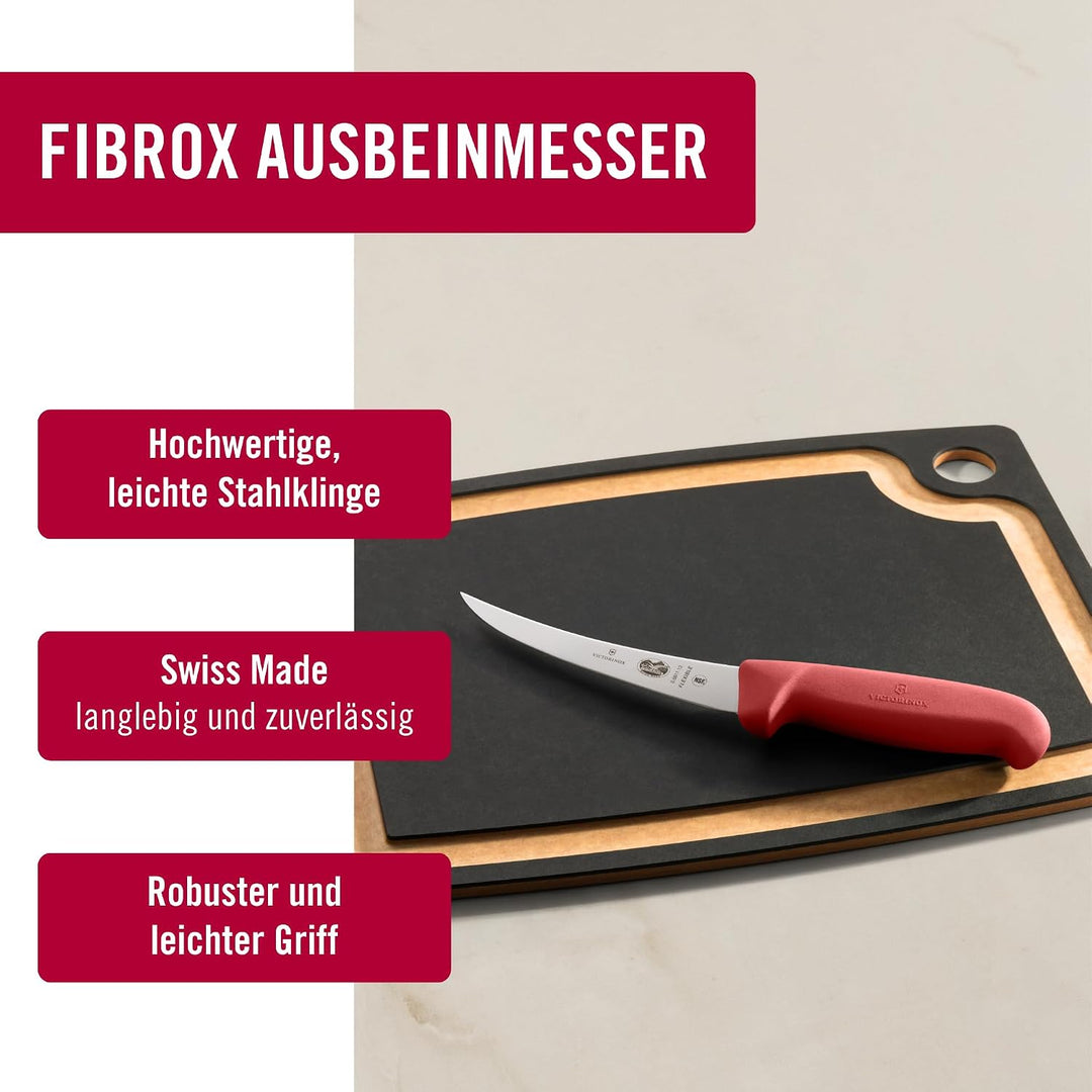 Victorinox Fibrox Ausbeinmesser, Scharfes Küchenmesser für Fleisch und Fisch, 12 cm, Gebogene Klinge