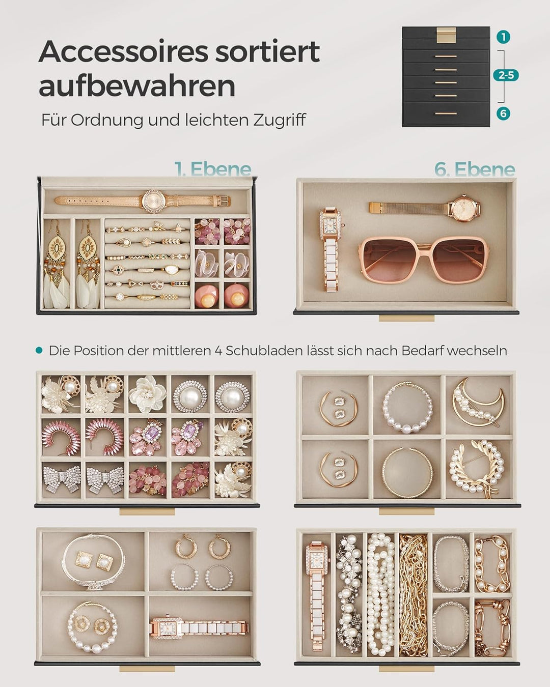 SONGMICS Schmuckkästchen, Schmuckkasten mit 6 Ebenen, Schmuckbox mit Glasdeckel, 5 Schubladen, für S
