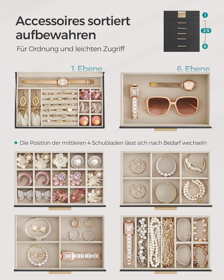 SONGMICS Schmuckkästchen, Schmuckkasten mit 6 Ebenen, Schmuckbox mit Glasdeckel, 5 Schubladen, für S