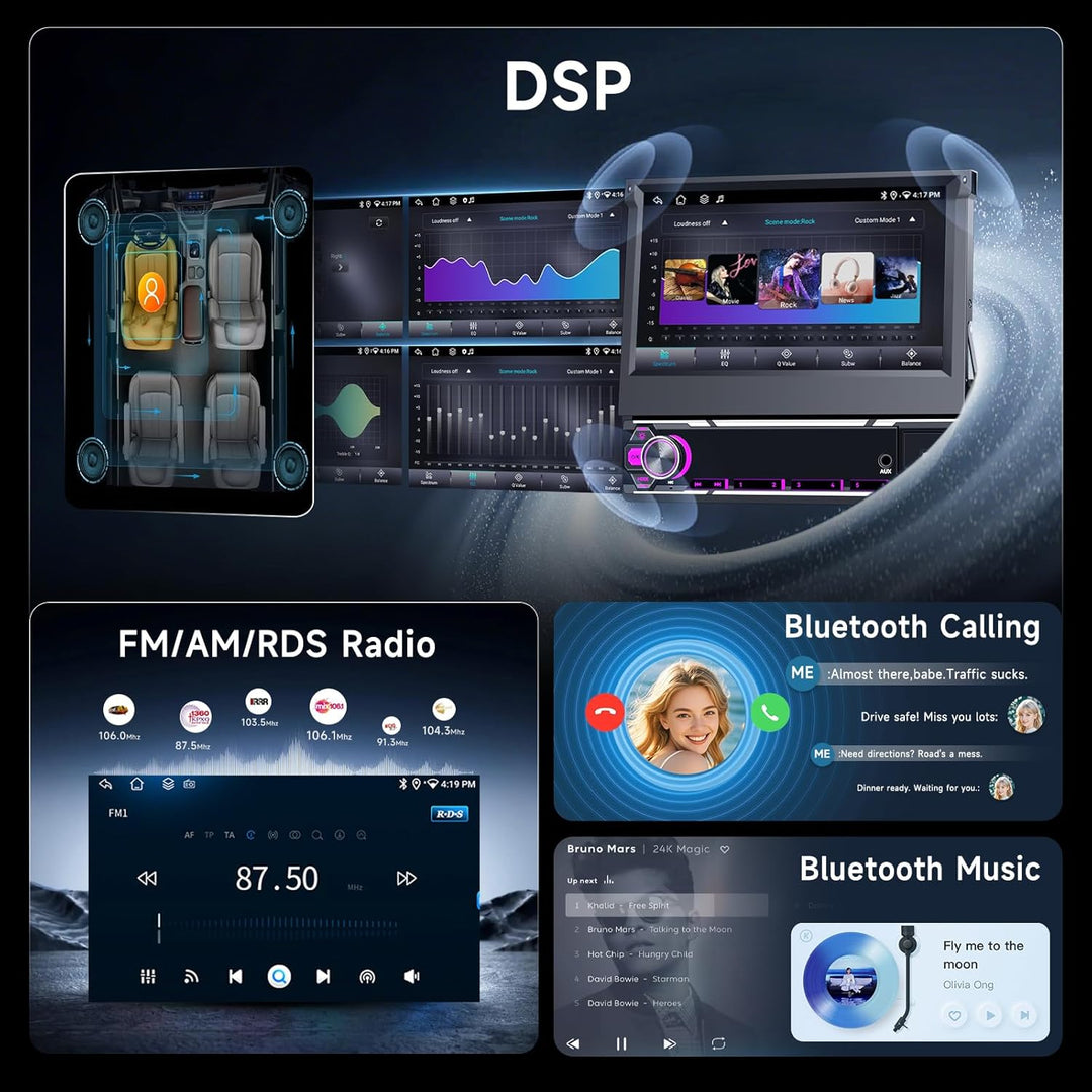 Hodozzy 6G+128GB Android 15 Autoradio 1 Din Bildschirm Ausfahrbarem mit Carplay Wireless Android Aut