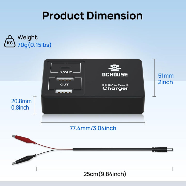 DCHOUSE 12V Lithium Batterie Ladegerät Adapter Konverter, DC zu Typ-C & USB,Bidirektionales Laden un