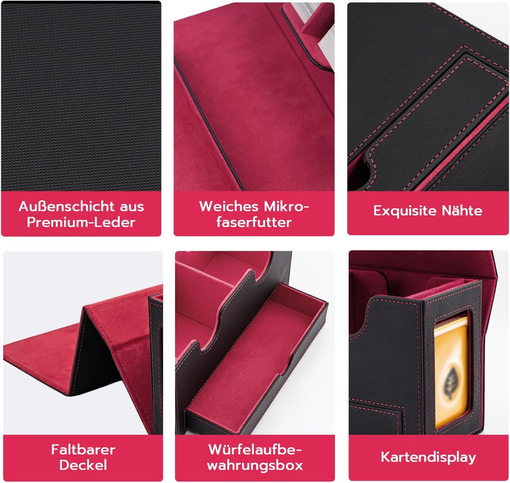 Doppelschicht Card Deck Box für MTG，Gathering Kartenbox mit Schaufenster und Würfelfach PU Leder Sta