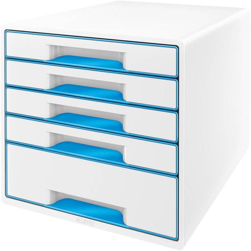 Leitz 52141036 Wow Cube Schubladenbox (Polystyrol) 5 Schubladen perlweiss/blau Weiss/Blau Metallic S