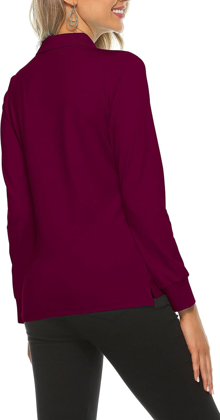 Damen Poloshirt Baumwolle Golf Wintershirt Langarm Oberteile Sports Training Polo mit Kragen Weinrot