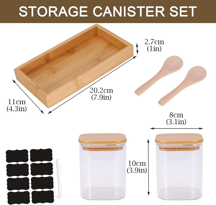 Gewürzgläser 2er Set für Küche, Bambusdeckel, Löffel und Tablett