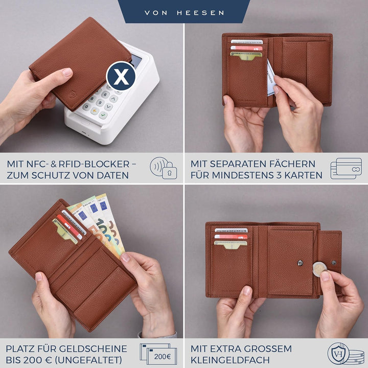 VON HEESEN Leder Geldbörse RFID Schutz I Echtleder Geldbeutel für Damen & Herren I Portemonnaie Brie
