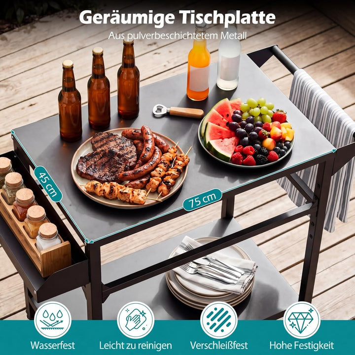 COSTWAY Grillwagen Outdoor, Grilltisch auf Rollen, Pizzatisch mit 2 Ablagen, Griff & Gewürzregal, Se