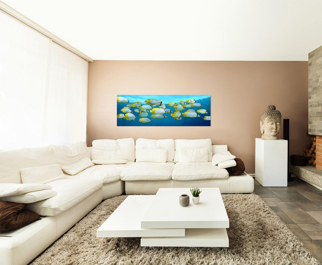 Paul Sinus Art Panoramabild auf Leinwand und Keilrahmen 150x50cm Karibik Meer Fischschwarm Unterwass