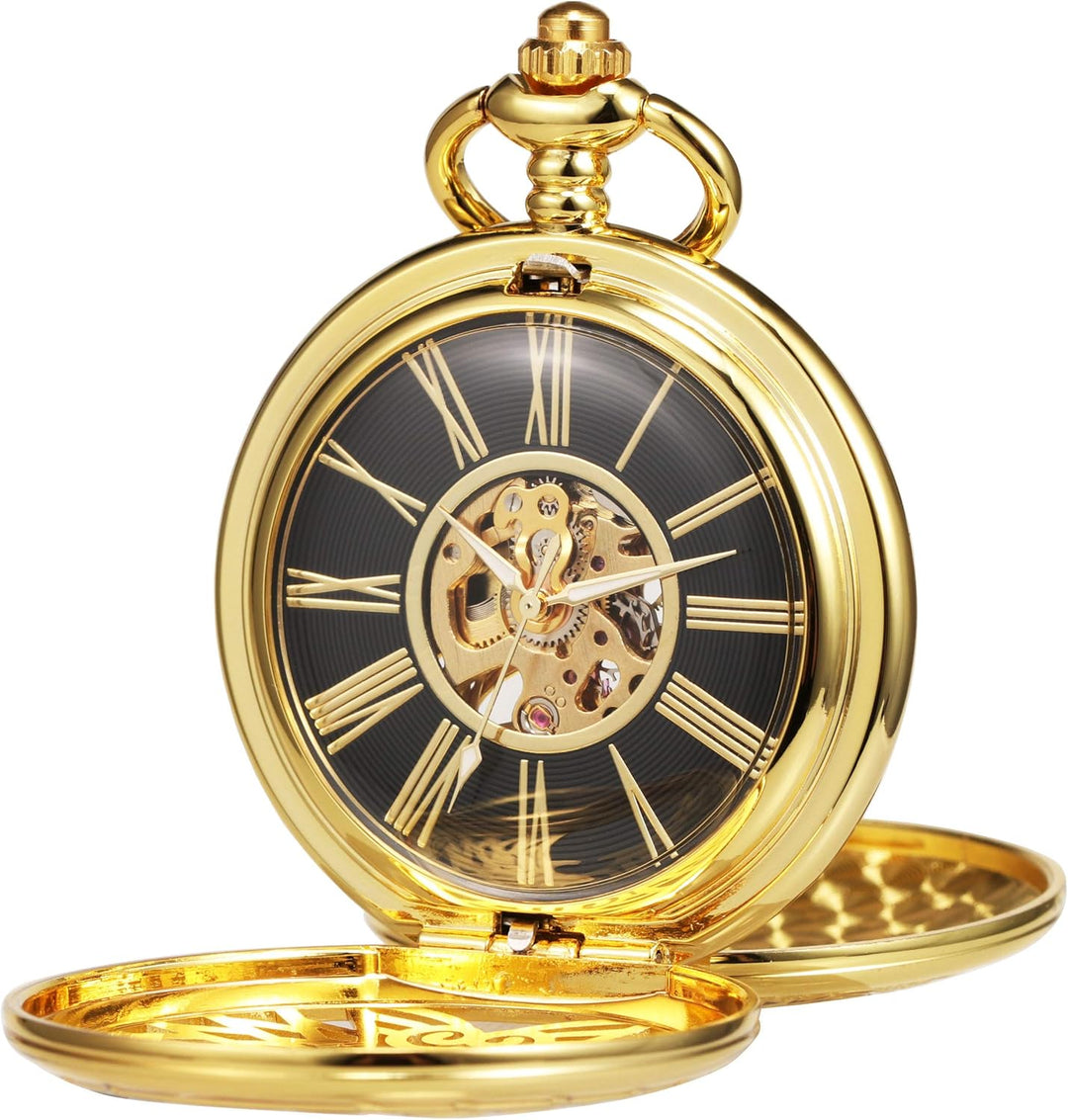 TREEWETO Unisex Taschenuhr mit Kette Analog Handaufzug Doppelscharnier Adler Skelett Römische Ziffer