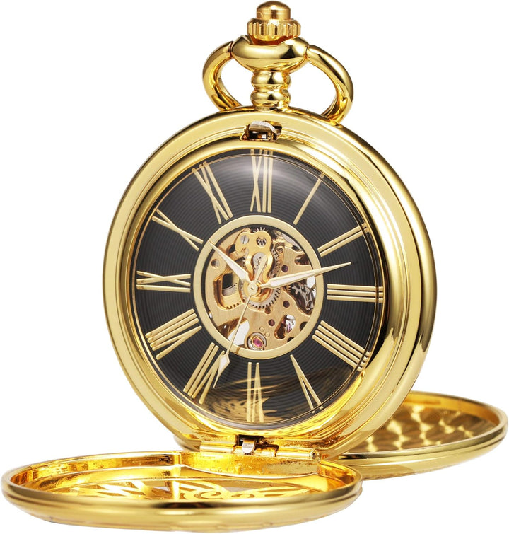 TREEWETO Unisex Taschenuhr mit Kette Analog Handaufzug Doppelscharnier Adler Skelett Römische Ziffer