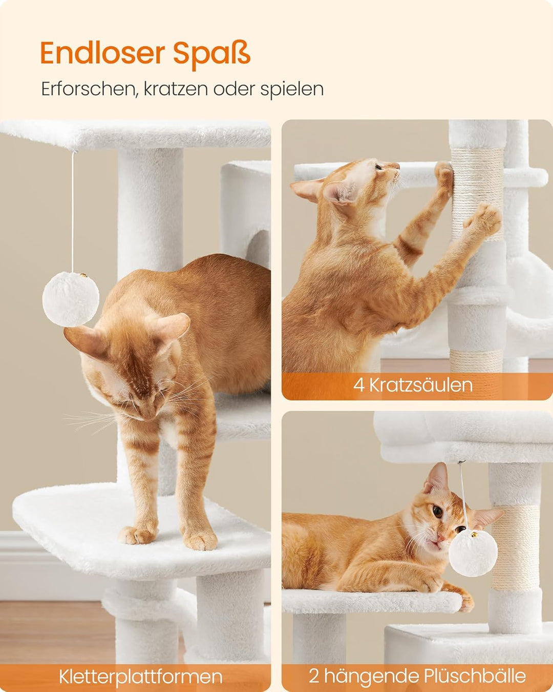Feandrea Kratzbaum, 112 cm hoch, Katzenbaum, mehrstöckiges Katzenhaus, mit 4 Kratzsäulen, 2 Plattfor