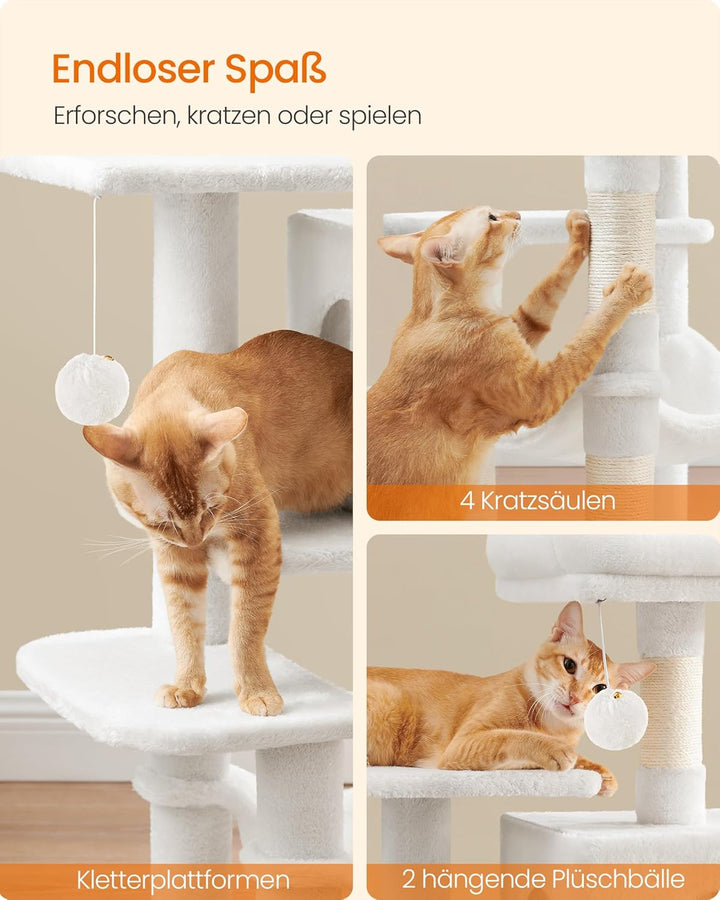 Feandrea Kratzbaum, 112 cm hoch, Katzenbaum, mehrstöckiges Katzenhaus, mit 4 Kratzsäulen, 2 Plattfor