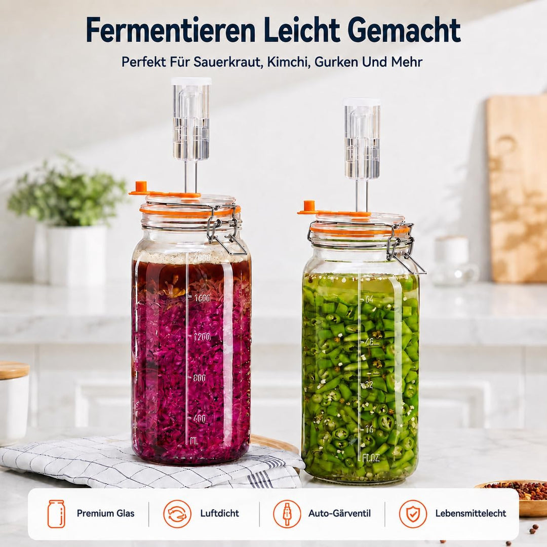 Fermentiergläser, je 2 L, Glas-Fermentierset mit Airlock und Gewichten für Sauerkraut, Kimchi, Pickl