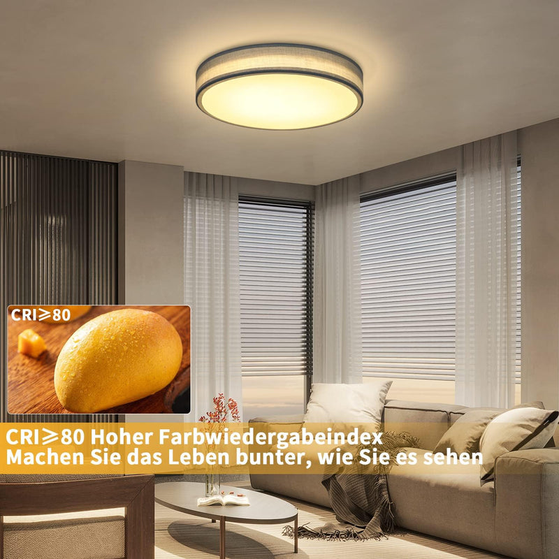 ZMH Deckenlampe LED Deckenleuchte Wohnzimmer - Rund Stoff Schlafzimmerlampe 12W 3000K Warmweiss Wohn