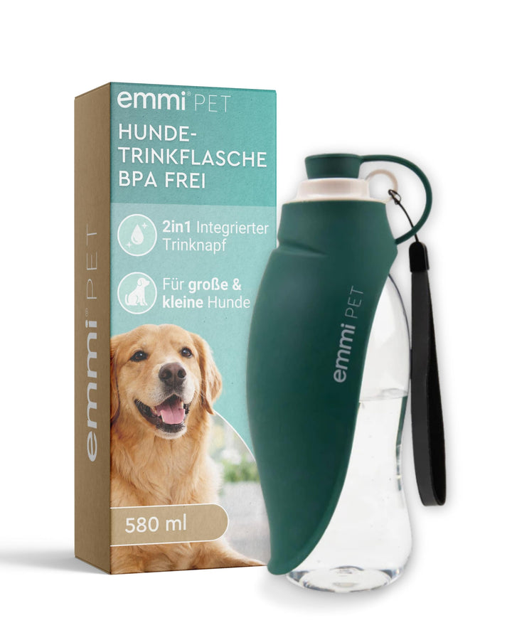 emmi-PET Hundetrinkflasche in Dunkelgrün I 580 ml I Auslaufsichere Trinkflasche mit integriertem Nap