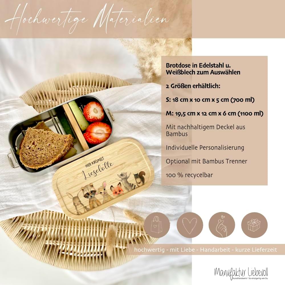Manufaktur Liebevoll - Personalisierte Brotdose mit Fächern, Edelstahl Lunchbox mit Bambus Deckel u.
