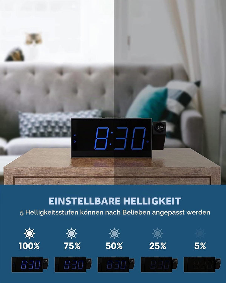 ROCAM Wecker mit Projektion, Projektionswecker mit USB Ladegerät, Batterie-Backup, 350°Projektor &amp; D