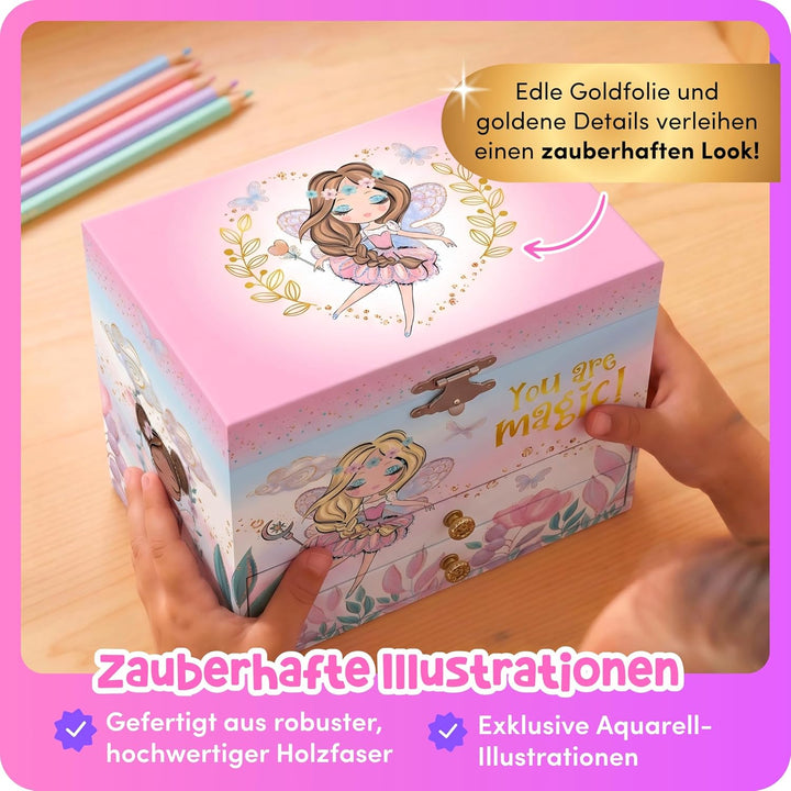 Giggle & Honey Musikalische Fee Schmuckkästchen für Mädchen - Kinder Musik-Box mit Fee und Spiegel,