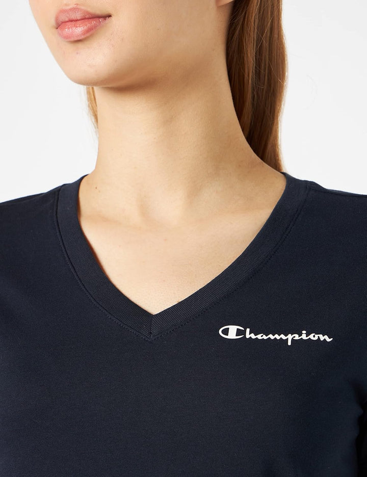 Champion Damen American Classics-Small Logo S/S V-Neck T-Shirt L Blau (Marine), L Blau (Marine)