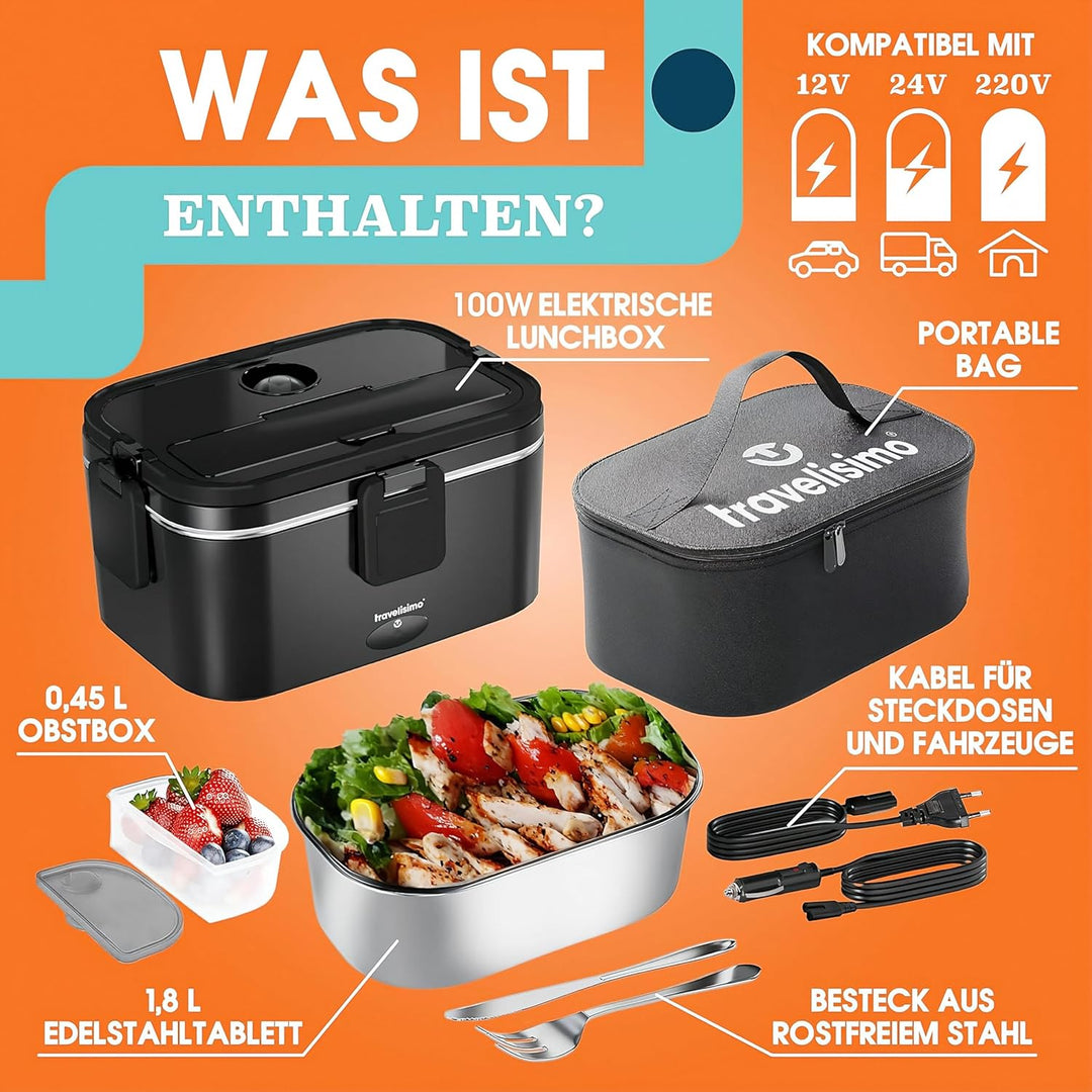 TRAVELISIMO XXL Elektrische Lunchbox Extra gross 1,8L Electric Lunch Box 80W, Warmhaltebox 3-in-1 Lu