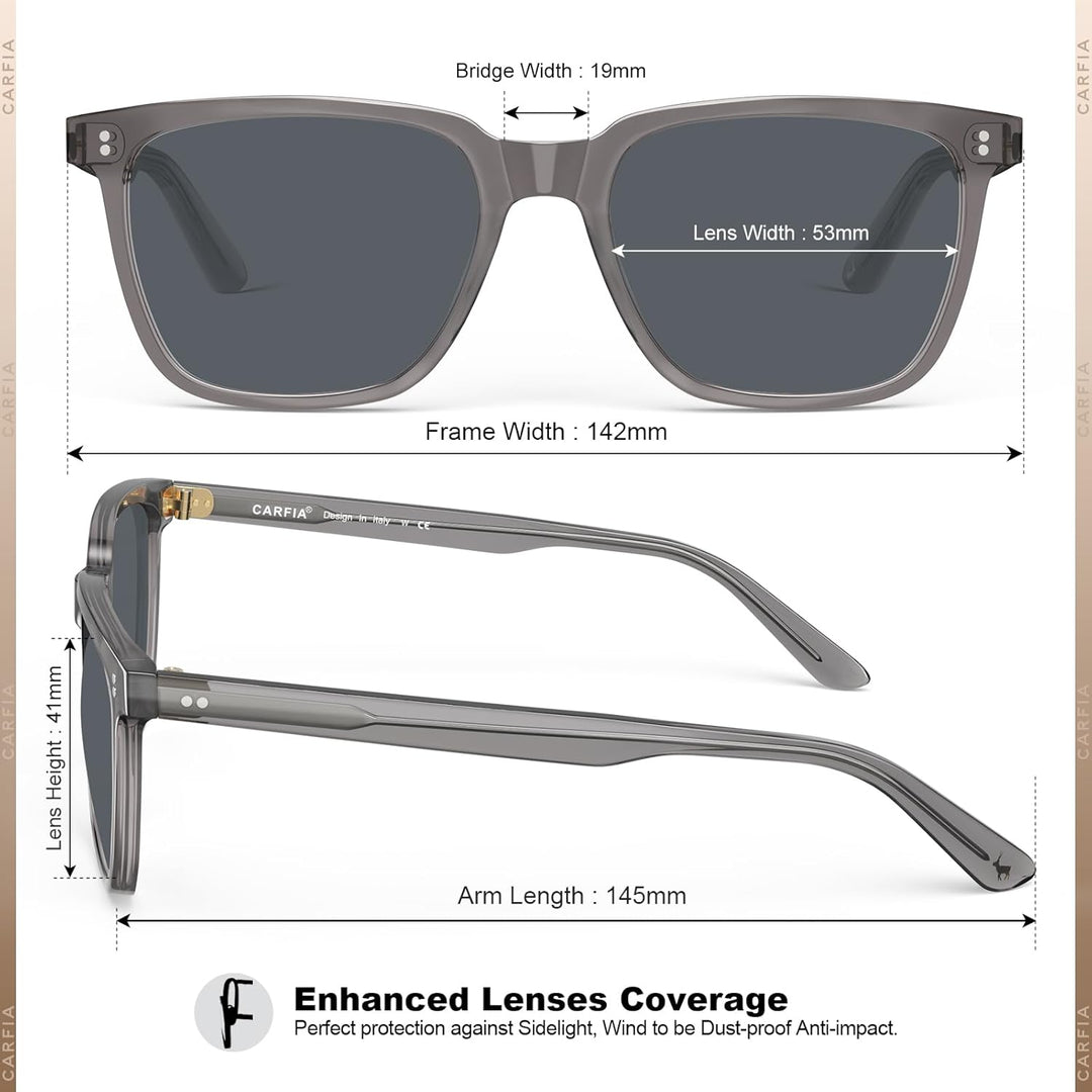CARFIA Polarisierte Herren Sonnenbrille mit Rechteckig Acetatrahmen, 100% UV-Schutz Sportliche Sonne