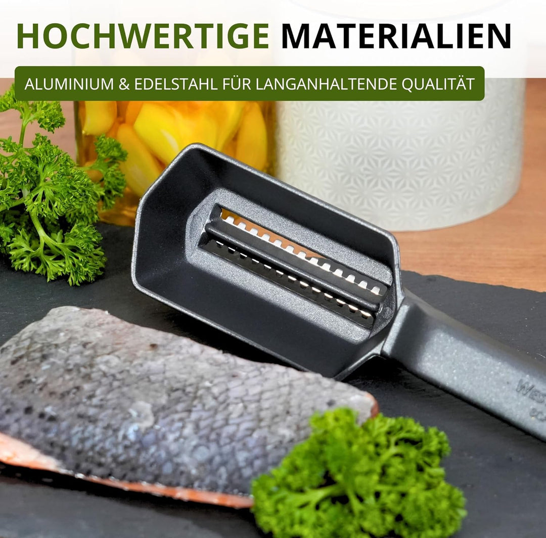 Westmark 65007760 Fischentschupper mit Schuppenauffangschale Black Edition – Aluminium, lebensmittel