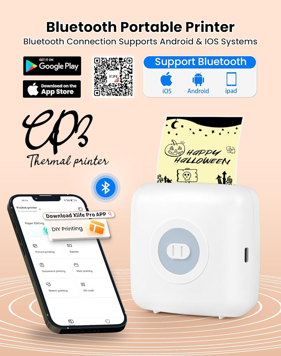 CP3 Mini Printer, Thermal Sticker Maker, Pocket Bluetooth Label Maker, Mini Thermal Label Printer fo