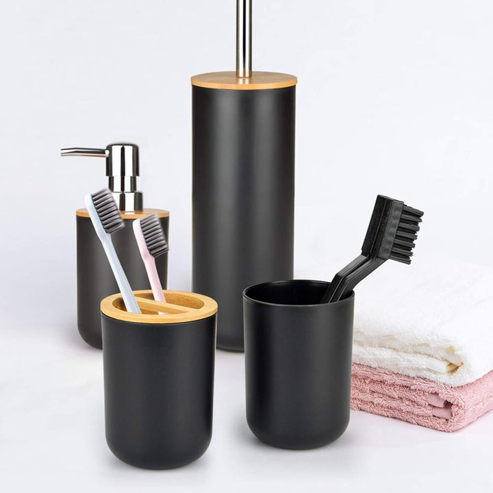 Badezimmer-Zubehör-Set aus Bambus, Waschraum-Zubehör-Set, Lotion-Flaschen, Zahnbürstenhalter, Zahnbe