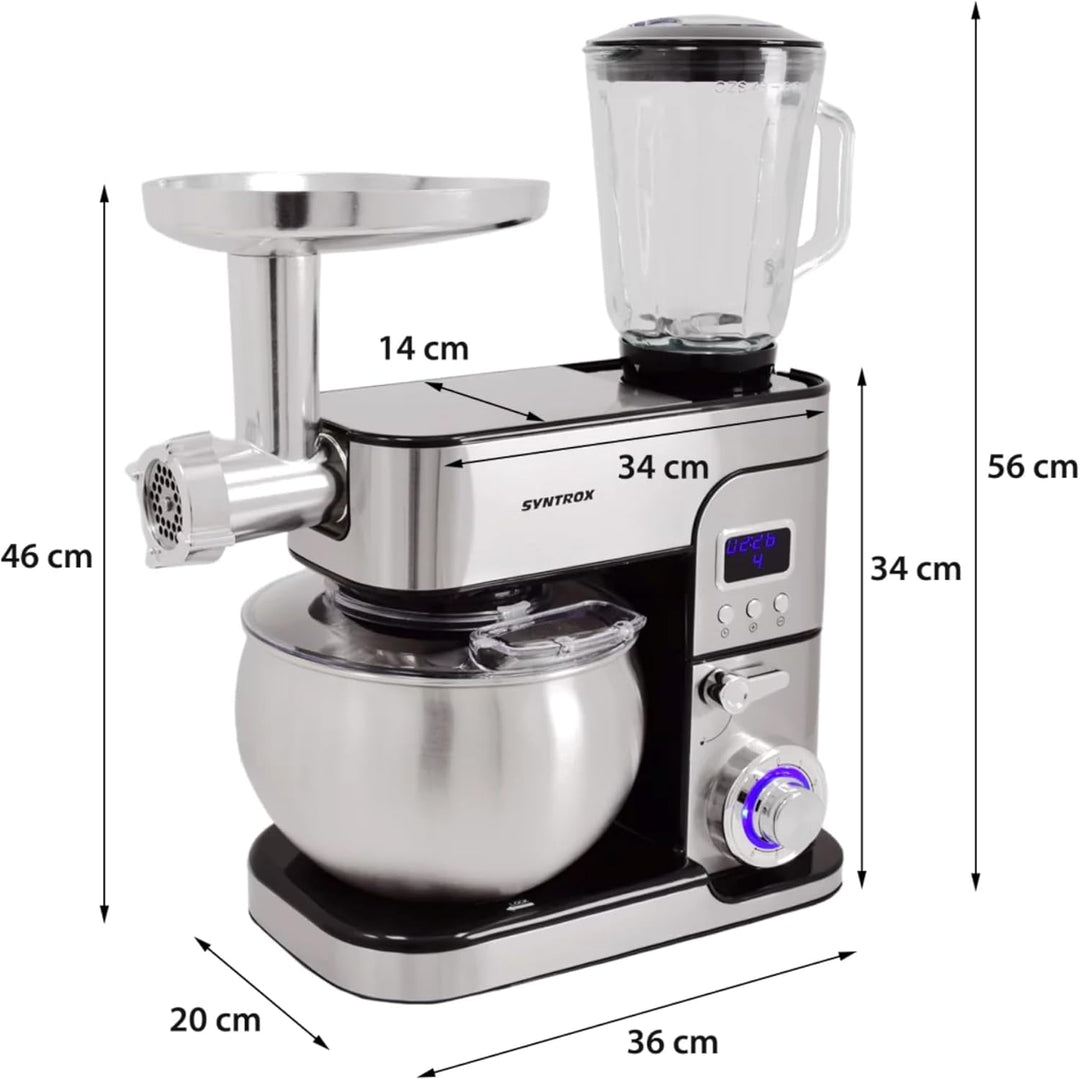 Syntrox Küchengerät Kagus Edelstahl 6 Liter Küchenmaschine & Fleischwolf, Knethaken, Schneebesen, LE