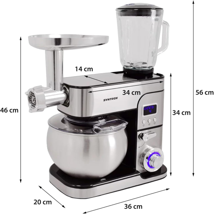 Syntrox Küchengerät Kagus Edelstahl 6 Liter Küchenmaschine & Fleischwolf, Knethaken, Schneebesen, LE