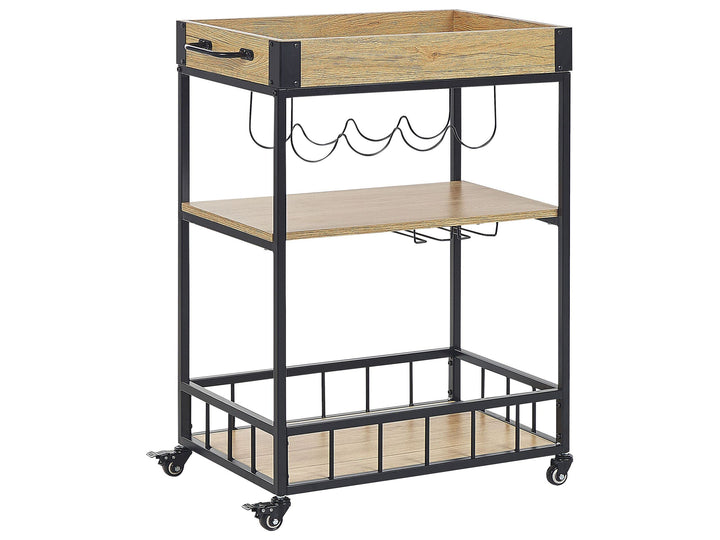 Beliani Servierwagen Heller Holzfarbton Metall schwarz mit Weinregal Glashalter Hullet