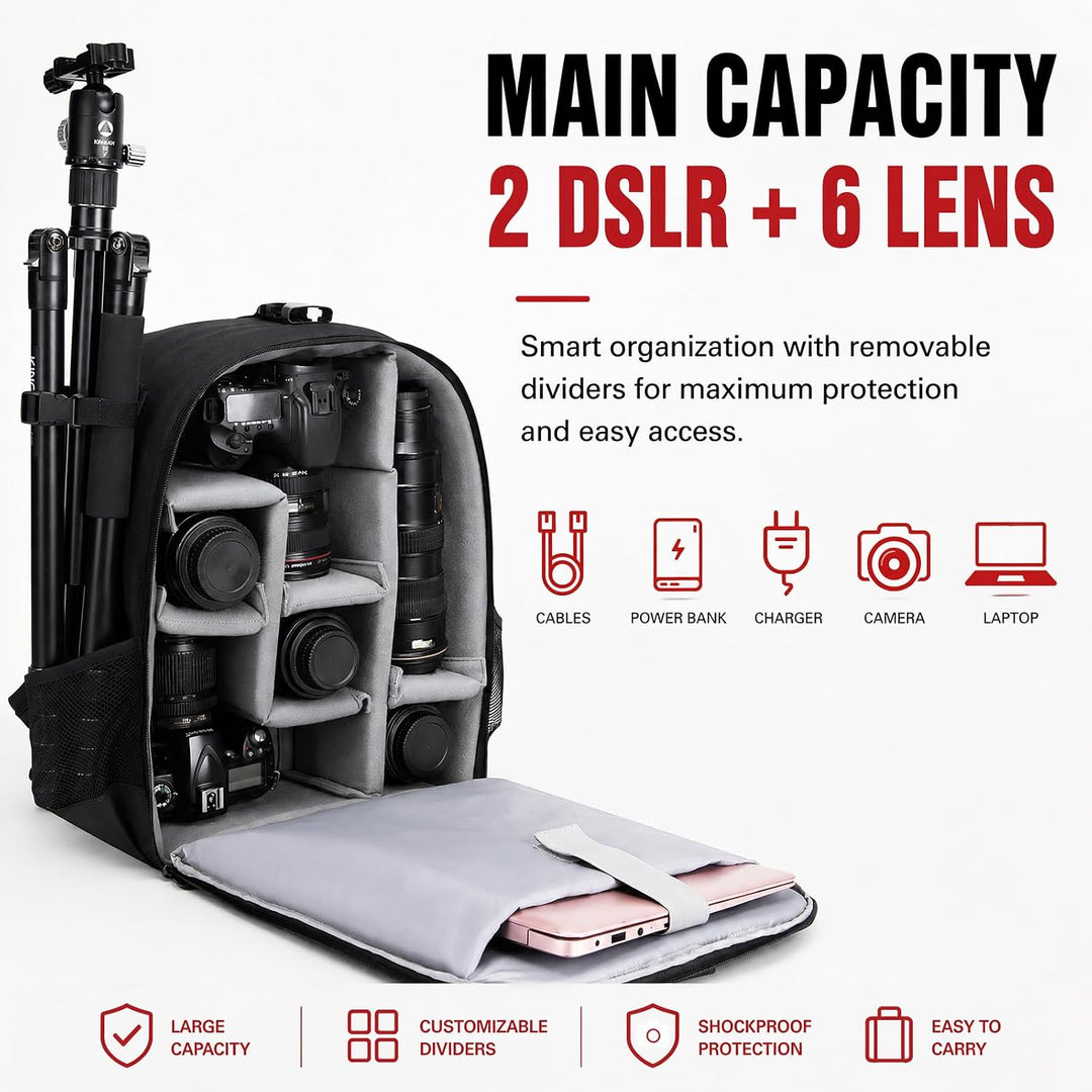 Cwatcun Kamerarucksack Camera Backpack Professioneller für spiegellose DSLR/SLR-Kamera, wasserdicht,