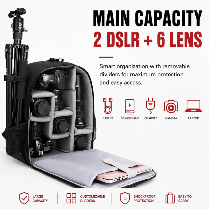Cwatcun Kamerarucksack Camera Backpack Professioneller für spiegellose DSLR/SLR-Kamera, wasserdicht,