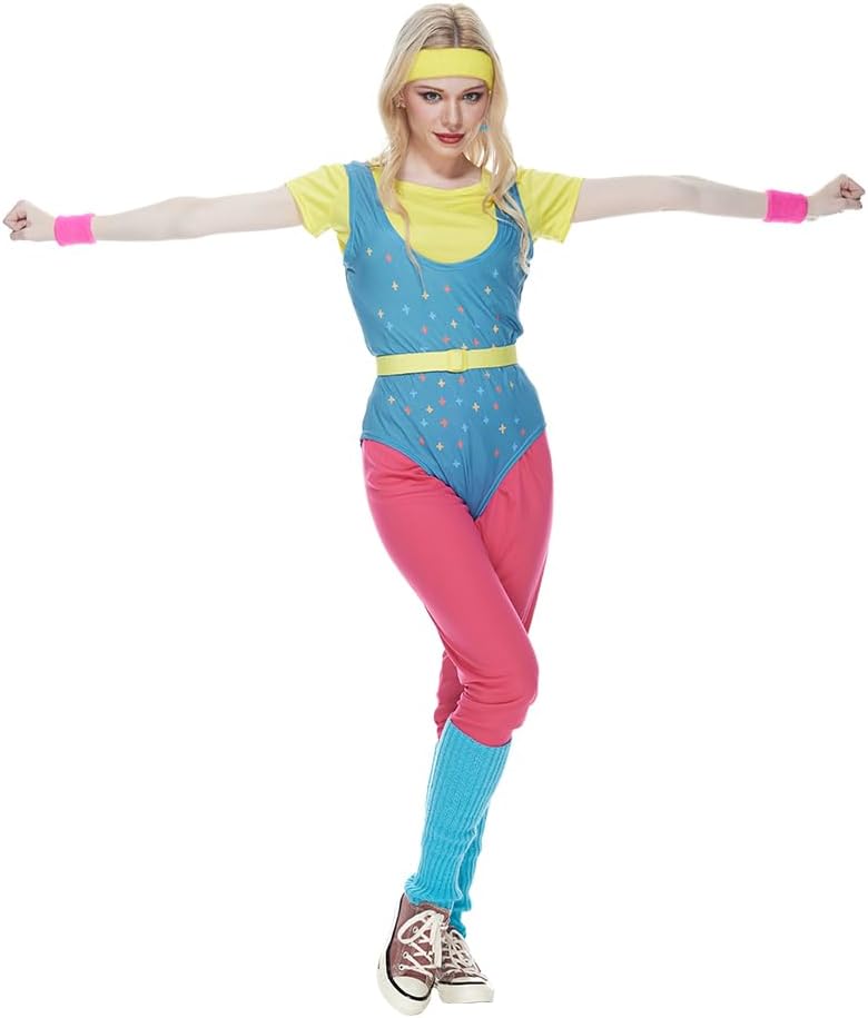 EraSpooky Damen Retro 80er Jahre Aerobic Outfit,Sportbekleidung,Sportler Outfit,Halloween Cosplay S