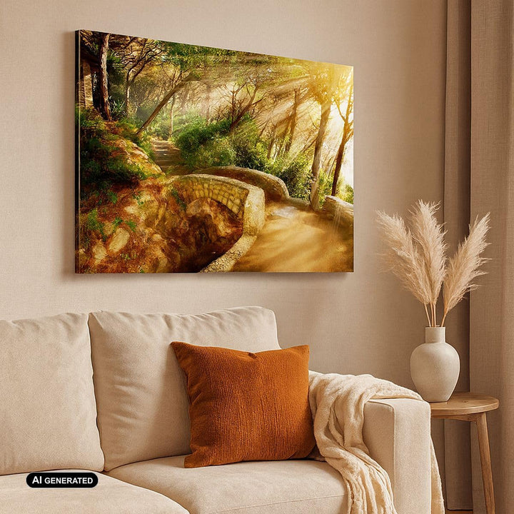 Bilder auf Leinwand 100x70cm Leinwandbild Pfad Steinbrücke Wald Herbst Gross Wanddeko Bild Schlafzim