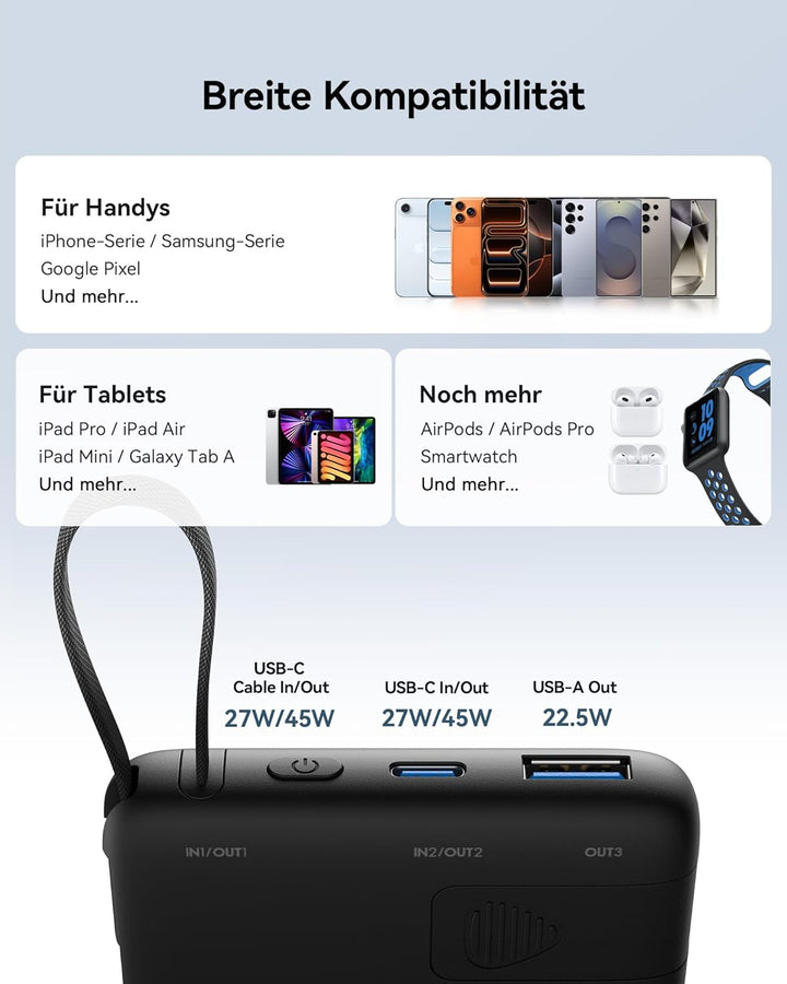 INIU 45W Power Bank, Ultra-dünn 10000mAh Externe Handyakkus mit Integriertem USB-C Kabel, Schnelllad