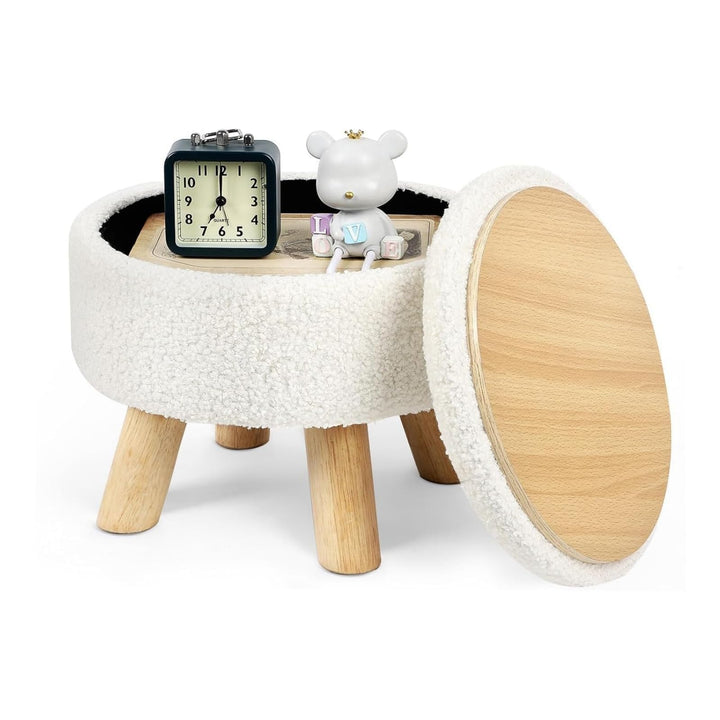 LIANTRAL Runder Sitzhocker, Teddy Samt Fusshocker mit Stauraum, Deckel abnehmbar, Holzstütze, Modern