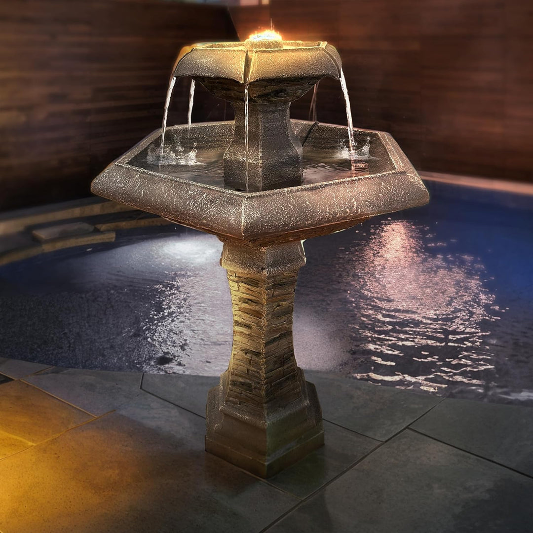 Köhko® Hexagon Eleganz Gartenbrunnen mit LED Beleuchtung, Wasserfall, Vogeltränke, Gartendeko, Sprin