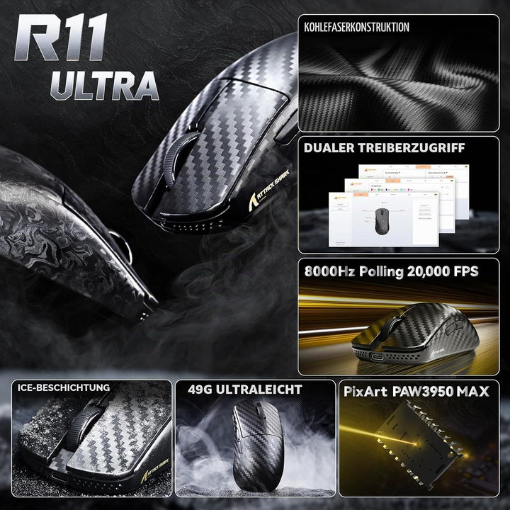 ATTACK SHARK R11 Ultra Carbonfaser 8000Hz Kabellose Gaming-Maus, 49g Superlight, 42000 DPI, 20000 FP
