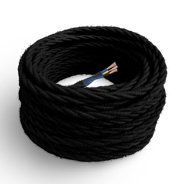 Amarcords - Textilkabel für Lampen SCHWARZ, geflochten, Jute, 30 Meter, mit Erdung 3x0,75 - Stoffkab