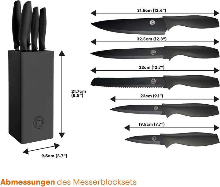 MasterChef Messerblock mit Messer Kuchenmesser Set mit Santokumesser, Brotmesser, Kochmesser, Gemüse
