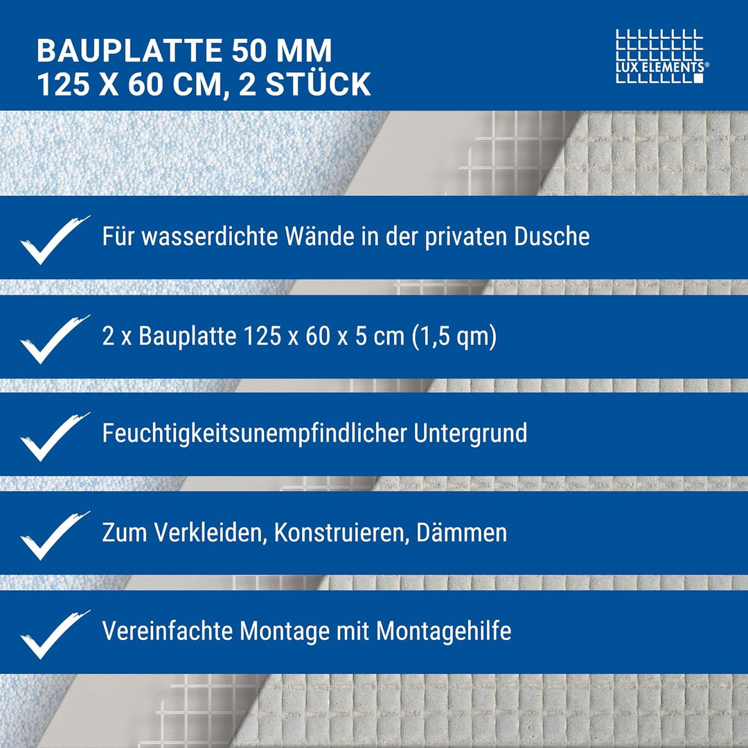 LUX ELEMENTS Bauplatte Fertig zum Verfliesen, 125 x 60 cm, 2 Stück (1,5 qm) LELEE4144, Grau, 50 mm B