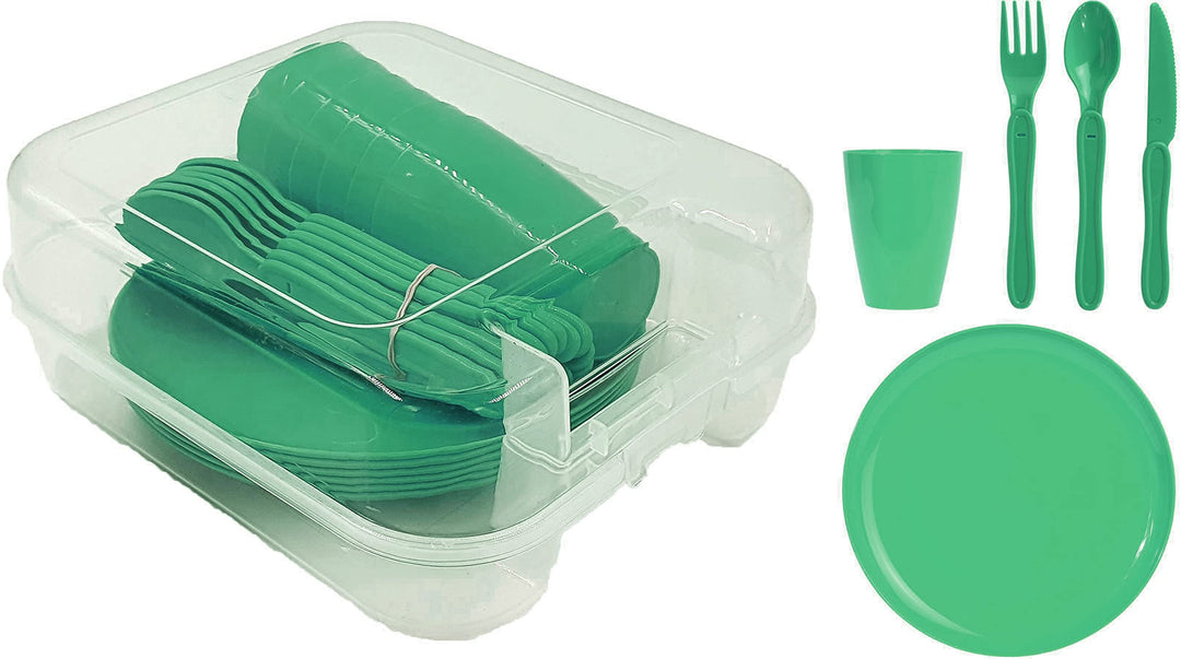 Campinggeschirr Picknick Geschirr Set für 6 Personen inkl Becher Teller Besteck grün ca. 23 x 25 x 1