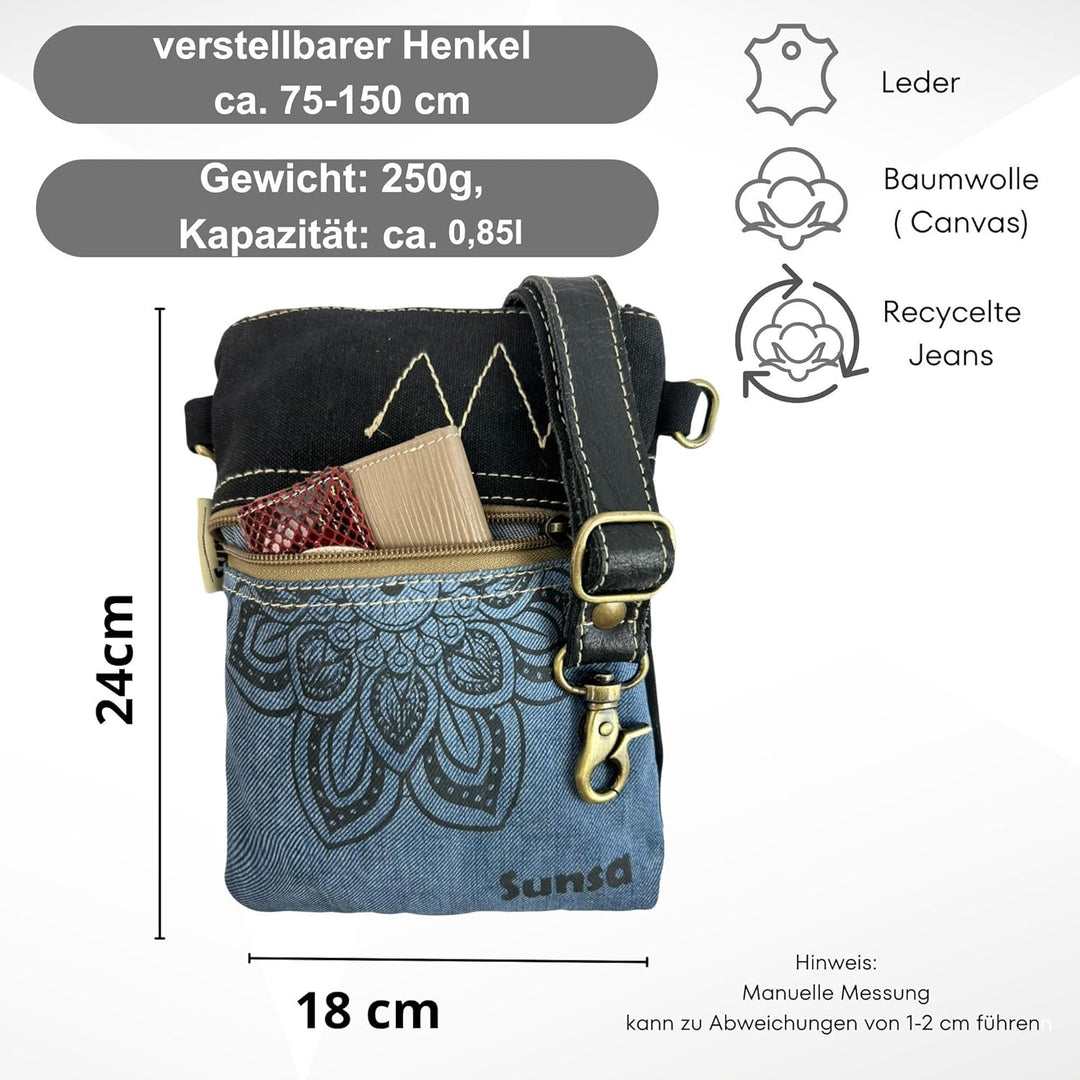 Sunsa Damen kleine Umhängetasche. Nachhaltige Tasche aus recycelte Jeans & Leder. Crossover bag in V