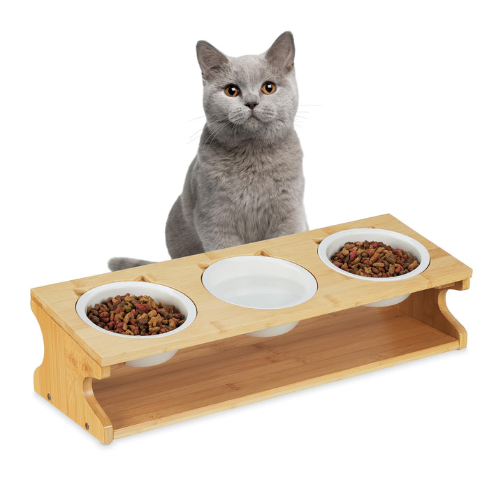 Relaxdays Katzen Futterstation, 3 Näpfe, je 400 ml, aus Bambus &amp; Keramik, Napfständer, spülmaschinen