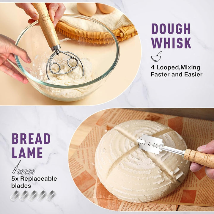 Sauerteig Brot Backen Zubehör gärkörbchen Kit - Teig Schneebesen, Brot Lame, Gärkörbe 10 Zoll rund u